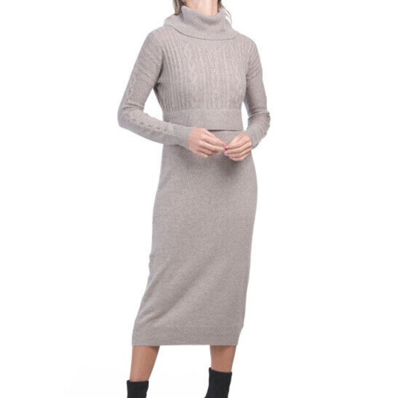 Tahari NWT Turtleneck Knit Sweater Dress Beige/Tan Wool Blend Size Large - Picture 1 of 12